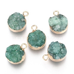 Natural Druzy Agate Pendants, with Real 18K Gold Plated Brass Finding, Long-Lasting Plated, Flat Round, Dyed, Green, 18~20x14x5~10mm, Hole: 2~3mm(G-L566-A02)