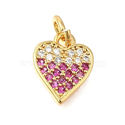 Rack Plating Brass Micro Pave Cubic Zirconia Pendants, Long-Lasting Plated, Lead Free & Cadmium Free, Real 18K Gold Plated, Heart Charms, with Jump Ring, Deep Pink, 11x9x1.5mm, Hole: 3mm(ZIRC-F142-14A-G)