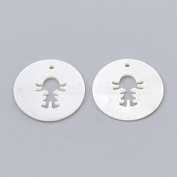 Freshwater Shell Pendants, Flat Round with Girl, Creamy White, 25x1.5~2mm, Hole: 1.5mm(SHEL-N020-10)