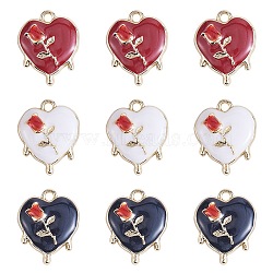 9Pcs 3 Colors Alloy Enamel Pendants, Light Gold, Heart with Rose, Mixed Color, 19x15x4.5mm, Hole: 1.8mm, 3pcs/color(FIND-SZ0002-94)