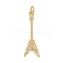 Rack Plating Brass Clear Cubic Zirconia Pendants, Cadmium Free & Nickel Free & Lead Free, Long-Lasting Plated, with Jump Ring, Guitar, Real 18K Gold Plated, 27x10x2mm, Jump Ring: 5x1mm, Inner Diameter: 3mm(KK-M229-28G)