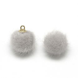 Faux Mink Fur Covered Charms, with Golden Tone Brass Findings, Round, WhiteSmoke, 12~14x10mm, Hole: 1.5mm(WOVE-S084-36G)