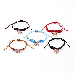 Adjustable Nylon Cord Braided Bead Bracelets, with Rose Glod Plated Brass Micro Pave Clear Cubic Zirconia European Dangle Charms, Bowknot, Mixed Color, Inner Diameter: 1-1/8~3-3/8 inch(3~8.5cm)(BJEW-JB05829)