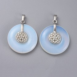 Opalite  Pendants, with Platinum Tone Brass Findings, Donut/Pi Disc with Flower, 35.5x30x8.5~9.5mm, Hole: 4.5x6.5mm(G-F640-C02)