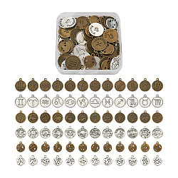 6 Sets 6 Style Tibetan Style Alloy Pendants, Flat Round with 12 Constellations, Antique Bronze & Antique Silver, 1pc/constellation, 12pcs/set, 1 set/style(FIND-PJ0001-07)