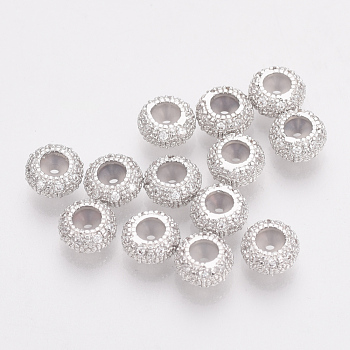 Brass Cubic Zirconia Stopper Beads, with Rubber, Rondelle, Nickel Free, Real Platinum Plated, 7x4mm, Rubber Hole: 1mm