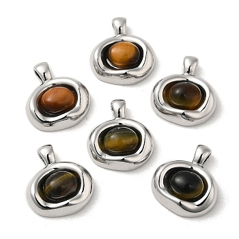 Natural Tiger Eye Pendants, Brass Oval Charms, Real Platinum Plated, 21x19x6mm, Hole: 4.5x3mm