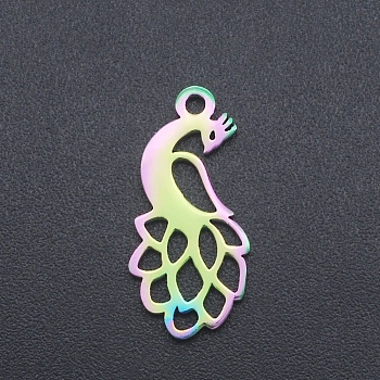 Ion Plating(IP) 201 Stainless Steel Pendants, Peacock, Laser Cut, Rainbow Color, 18.5x8.5x1mm, Hole: 1.4mm