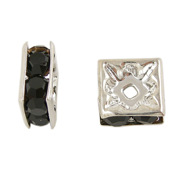 Brass Rhinestone Spacer Beads, Grade A, Square, Nickel Free, Black, Silver Color Plated, Size: about 6mmx6mmx3mm, hole: 1mm