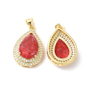 Real 16K Gold Plated Brass Micro Pave Cubic Zirconia Pendants, with Glass, Teardrop Charms, Red, 23.5x16x7mm, Hole: 5x3.5mm