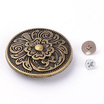 Alloy & Iron Craft Solid Screw Rivet, DIY Leather Craft Nail, Flat Round with Flower, Antique Bronze, 30x8.5mm, Hole: 2mm, Screw: 5x3mm and 7x3.5mm