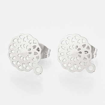304 Stainless Steel Stud Earring Findings, with Loop, Flower, Stainless Steel Color, 13x10.5mm, Hole: 1mm, pin: 0.7mm