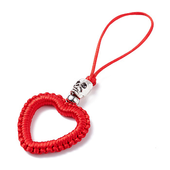 Heart Braided Nylon Cord Mobile Accessories, Phone Hanging Pendant Decor, with Alloy Skull Beads, European Brass Beads & Iron Findings, Red, 11cm