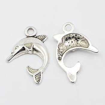 Alloy Pendants, Lead Free and Cadmium Free, Dolphin, Antique Silver Color, 24x21x4mm, Hole: 3mm