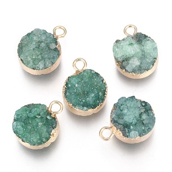 Natural Druzy Agate Pendants, with Real 18K Gold Plated Brass Finding, Long-Lasting Plated, Flat Round, Dyed, Green, 18~20x14x5~10mm, Hole: 2~3mm