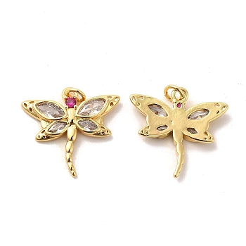 Brass Micro Pave Cubic Zirconia Pendants, with Glass & Jump Ring, Dragonfly Charm, Golden, Camellia, 17.5x18.5x2.5mm, Hole: 2.5mm
