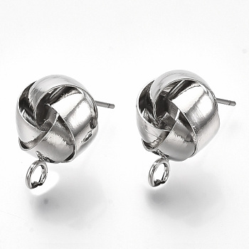 Iron Stud Earring Findings, with Loop, Raw(Unplated) Pin, Love Knot Earrings, Cadmium Free & Nickel Free & Lead Free, Platinum, 16~17x12.5~13.5mm, Hole: 2mm, Pin: 0.8mm