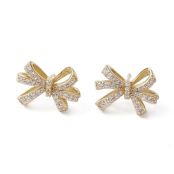 Bowknot Brass Stud Earrings, with Clear Cubic Zirconia, Long-Lasting Plated, Lead Free & Cadmium Free, Real 18K Gold Plated, 14.5x19mm