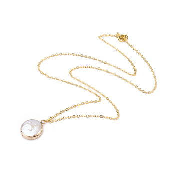 Plated Natural Baroque Pearl Keshi Pearl Beads Necklaces, with Brass Chain, Flat Round, Golden, White, 18.1 inch(46cm)