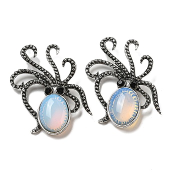 Opalite Octopus Brooch, Alloy Pave Jet Rhinestone Sea Animal Pins, Antique Silver, 52.5~53x36.5x8~9mm, Hole: 7x4mm