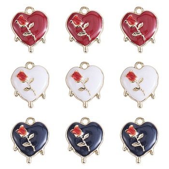 9Pcs 3 Colors Alloy Enamel Pendants, Light Gold, Heart with Rose, Mixed Color, 19x15x4.5mm, Hole: 1.8mm, 3pcs/color