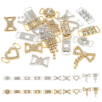 Pandahall 20Pcs 20 Styles Alloy Crystal Rhinestone Connector Charms, for Shoes Decor, Mixed Shapes, Mixed Color, 16.5~36x11.5~32.5x2.7~6mm, Hole: 3.6~9.5x4~10mm, 1pc/style