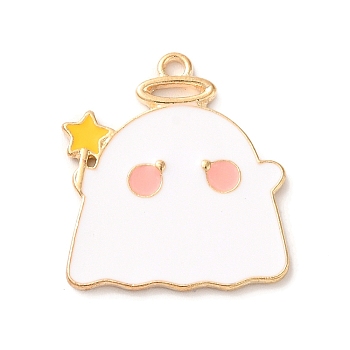 Halloween Theme Alloy Enamel Pendants, Ghost with Star Charm, Light Gold, White, 25x22x1.5mm, Hole: 1.8mm