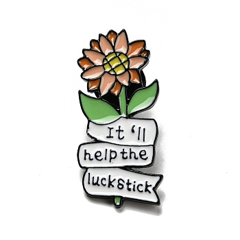 Enamel Pins, Electrophoresis Black Plated Alloy Brooch, Word It'll Help The Luck Stick, Flower, 35x16x2mm
