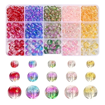 565Pcs 15 Style Transparent Spray Painted Glass Beads Strands, with Golden Foil, Round, Mixed Color, 6~11mm, Hole: 1.2~1.6mm