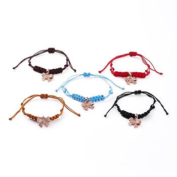 Adjustable Nylon Cord Braided Bead Bracelets, with Rose Glod Plated Brass Micro Pave Clear Cubic Zirconia European Dangle Charms, Bowknot, Mixed Color, Inner Diameter: 1-1/8~3-3/8 inch(3~8.5cm)