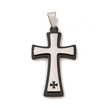 304 Stainless Steel Pendants, Cross Charm, Religion, Black & Stainless Steel Color, 42x25x3.5mm, Hole: 4.6x7.8mm