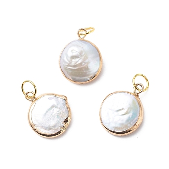 Electroplate Natural Baroque Pearl Keshi Pearl Pendants, Cultured Freshwater Pearl, with 304 Stainless Steel Jump Rings, Flat Round Charm, Golden, 18x15x3.5mm, Jump Ring: 6x0.8mm, Inner Diameter: 4.5mm