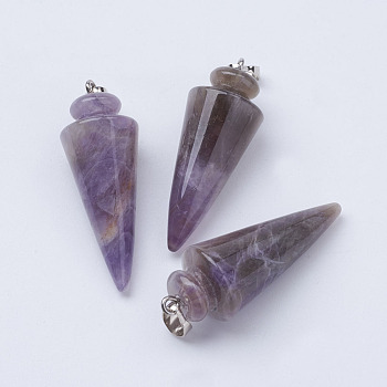 Natural Amethyst Pendants, with Platinum Plated Brass Findings, Cone/Spike/Pendulum, 43~45x16mm, Hole: 5x7mm