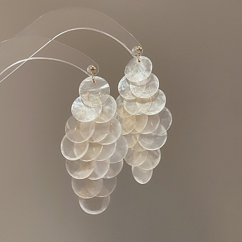Shell Dangle Stud Earrings, Flat Round, with Sterling Silver Pins, Floral White, 86x40mm