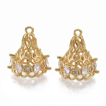 Brass Cubic Zirconia Filigree Bead Cap Bails, Hollow Cone, Nickel Free, Real 18K Gold Plated, 16x15x13mm, Hole: 1.2mm