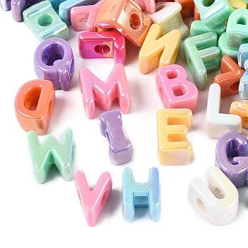 UV Plating Opaque Acrylic European Beads, Letter, Iridescent, Large Hole Bead, Mixed Color, 18.5~20x9.5~19x12~12.5mm, Hole: 6.2mm