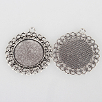 Vintage Tibetan Style Alloy Flower Pendant Cabochon Bezel Settings, Cadmium Free & Lead Free, Antique Silver, Flat Round Tray: 25mm, 44x39x2mm, Hole: 3mm(X-TIBEP-O006-31AS)