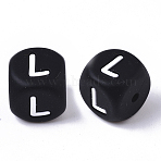Food Grade Eco-Friendly Silicone Beads, Horizontal Hole, Cube, Black, Letter.L, 12x12x12mm, Hole: 2mm(SIL-T055-L)