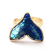Mermaid Fishtail Resin Adjustable Finger Ring, Brass Ring for Girl Women, Golden, Prussian Blue, US Size 7(17.3mm)(RJEW-C009-01A-02)
