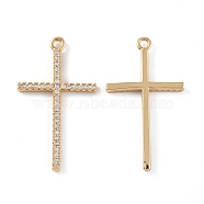 Brass Micro Pave Clear Cubic Zirconia Pendants, Cross Charms, Real 18K Gold Plated, 28.5x16x2mm, Hole: 1.4mm(KK-E068-VF238)