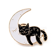 Cat with Moon Enamel Pin, Cute Alloy Enamel Brooch for Backpacks Clothes, Light Gold, White, 30x31x9.5mm(JEWB-C011-01)