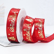 22M Flat Merry Christmas Printed Polyester Satin Ribbons, Hot Stamping Ribbons, Red, 1 inch(25mm), about 24.06 Yards(22m)/Roll(XMAS-PW0001-183D)