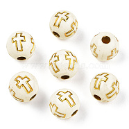 Plating Acrylic Beads, Golden Metal Enlaced, Round with Cross, Beige, 8mm, Hole: 2mm(X-PACR-Q113-01)