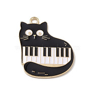 Music Theme Charm, Alloy Enamel Pendants, Cat with Piano, Golden, Black, 28x22.5x1.2mm, Hole: 2mm(ENAM-M049-04G-A)