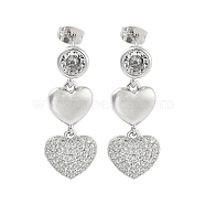 Heart Brass with Cubic Zirconia Dangle Stud Earrings, Long-Lasting Plated, Lead Free & Cadmium Free, Platinum, 32.5x13mm(EJEW-Q811-30P)