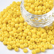 6/0 Glass Seed Beads, Baking Paint, Round Hole, Round, Yellow, 4~5x3~5mm, Hole: 1.2~1.5mm, about 4500pcs/Pound(SEED-S058-A-F426)