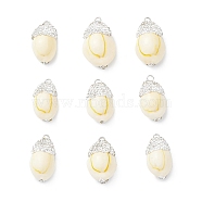 Natural Sea Shell Pendants, Oval Charms with Polymer Clay Rhinestone and Platinum Tone Brass Loops, White, 24~32x13~19x10.5~14mm, Hole: 1.8~2mm(SHEL-F005-10A)