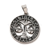 304 Stainless Steel Pendants, Flat Round with Twelve Constellations Charms, Antique Silver, Libra, 28x25x2mm, Hole: 7x5mm(STAS-C084-01I-AS)
