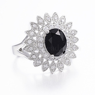 Trendy Brass Micro Pave Cubic Zirconia Finger Rings, Oval, Flower, Platinum, Mixed Size, Black, Size 6~10(16~20mm)(RJEW-H073-25)