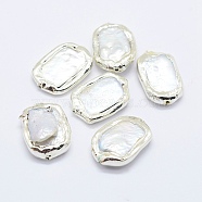 Natural Cultured Freshwater Pearl Beads, Edge Silver Color Plated Plated, Rectangle, Silver, 18.5~24x11.5~18.5x4~9mm, Hole: 1mm(PEAR-F006-70S)